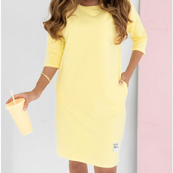 Lieke - Robe à Col Rond et Manches 3/4 avec Poches